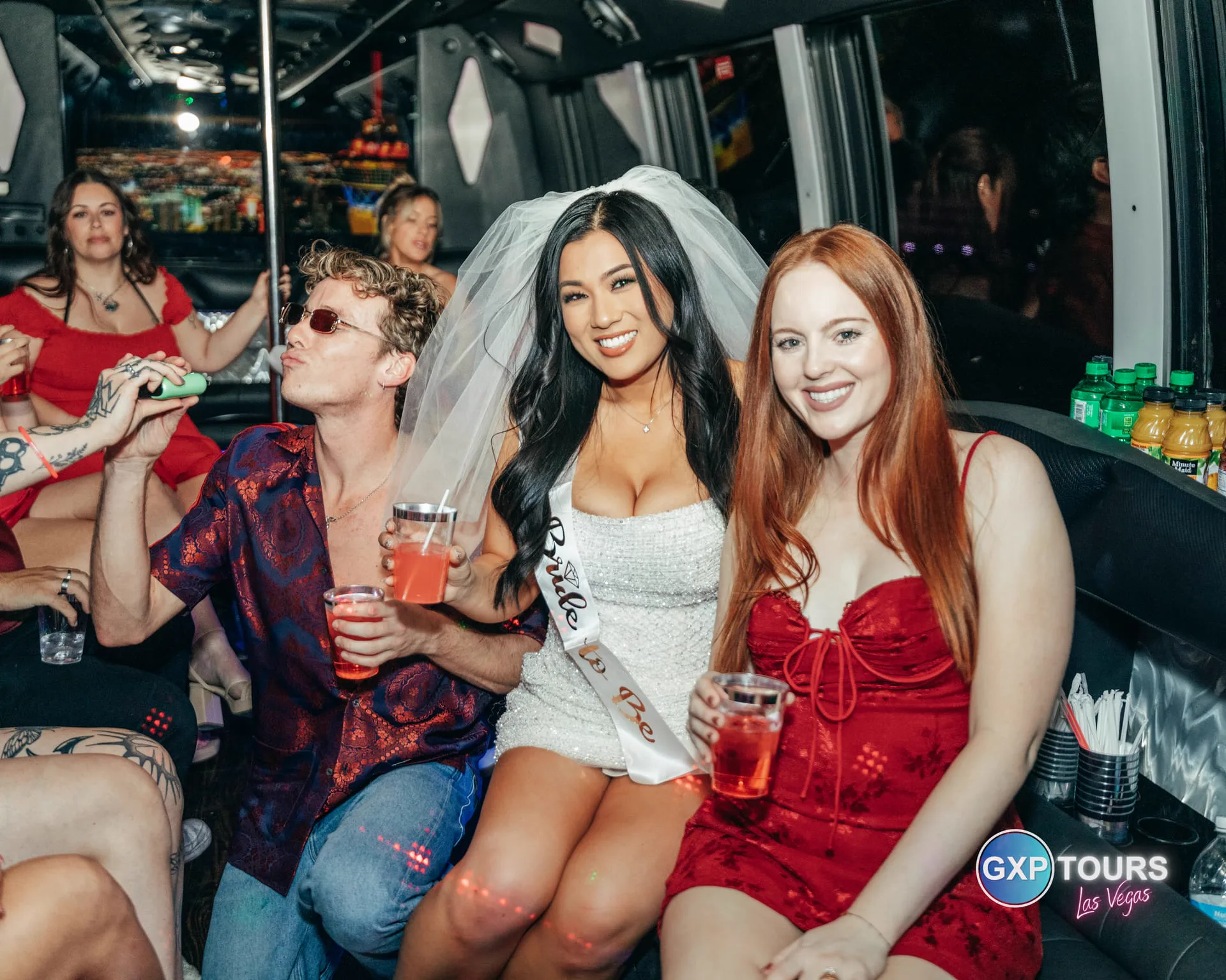 Bachelorette party aboard a GXP Tours private party bus in Las Vegas